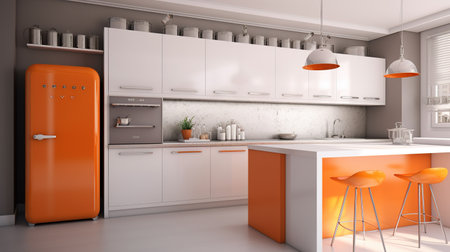 3d Illustration of orange and white modern kitchen in a houseの素材