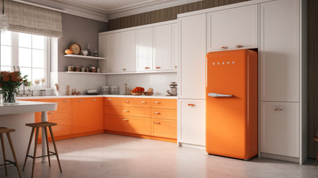 Modern orange kitchen interior design. 3d rendering mock up toned imageの素材