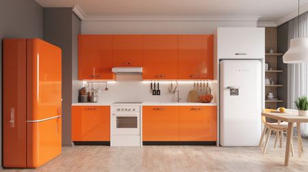 Orange modern kitchen interior with orange refrigerator and stove. 3d renderingの素材