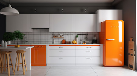 3d Illustration of white modern kitchen in a house with a beautiful designの素材