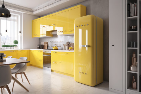 Interior of modern kitchen with yellow and gray walls, concrete floor, white cupboards and yellow fridge. 3d renderingの素材