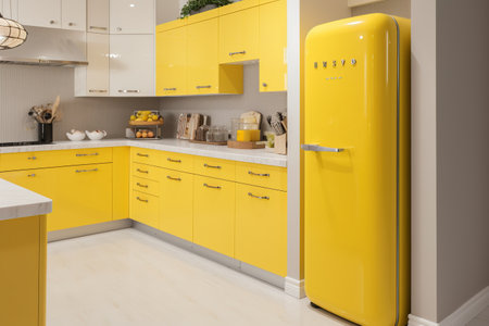 Modern yellow kitchen interior with yellow refrigerator and utensils. Nobody insideの素材