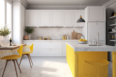 3d render of yellow modern kitchen with white and yellow marble countertopsの素材
