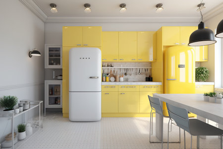 3d Illustration of yellow modern kitchen in a house with a beautiful designの素材
