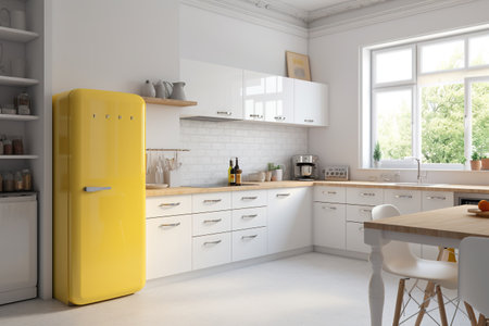3d Illustration of white modern kitchen in a house with a beautiful designの素材