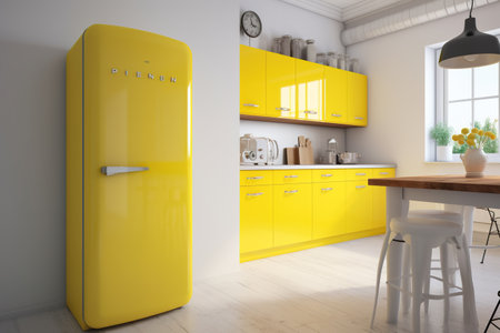 3d Illustration of yellow modern kitchen in a house with a beautiful designの素材