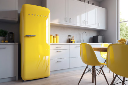 Yellow fridge in modern kitchen interior with yellow chairs. 3d renderingの素材