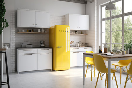 Modern kitchen interior with yellow fridge and yellow chairs. 3d renderingの素材