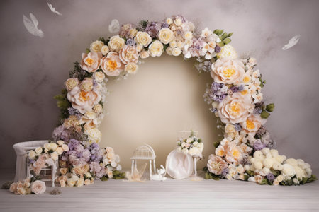 Wedding arch made of beautiful flowers on the white wooden floorの素材