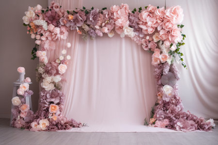 Wedding arch decorated with pink and white flowers. Wedding decorの素材