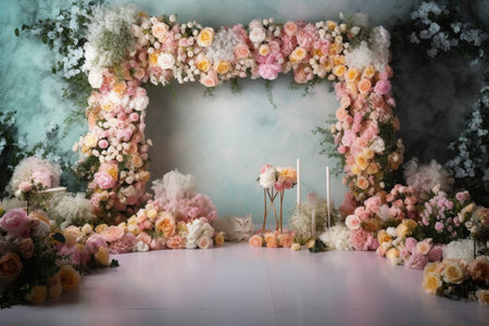 Wedding arch made of artificial flowers. Wedding decoration in pastel colorsの素材