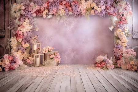 Interior of the room decorated with pink flowers, vintage style.の素材