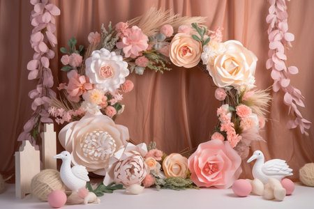 Wedding decoration with white swans and flowers on the tableの素材