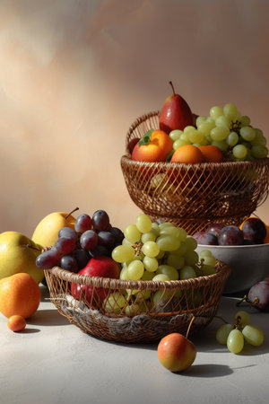 Composition with different fruits in basket on table against beige backgroundの素材