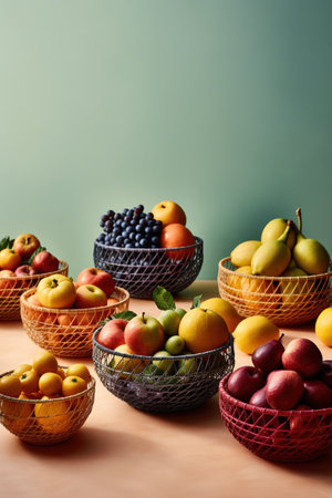 Assortment of fresh fruits in basket on wooden table with green backgroundの素材