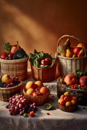Fruits in a basket on a wooden table. Still life.の素材