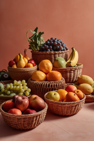 Fruits were placed in baskets on the table. The background is brown.の素材