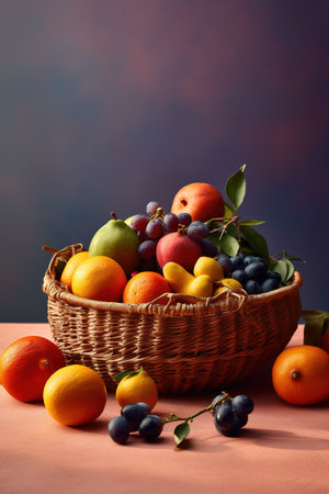 Fresh fruits in a basket on a dark background. Selective focus.の素材