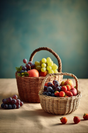 Fresh fruits in a wicker basket on a table with a blue backgroundの素材