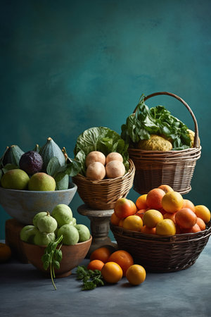 Fruits and vegetables in a basket on a blue background. Selective focus.の素材