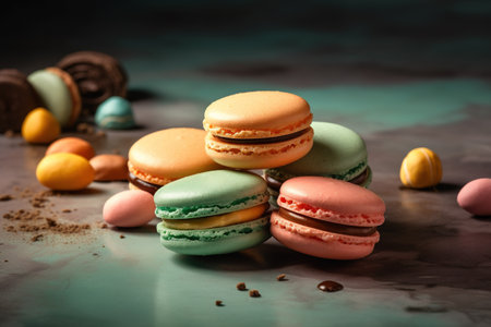Colorful macaroons and chocolate candies on a dark backgroundの素材