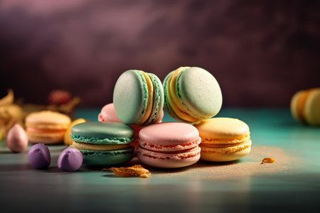 Colorful macaroons on a dark background. Toned.の素材