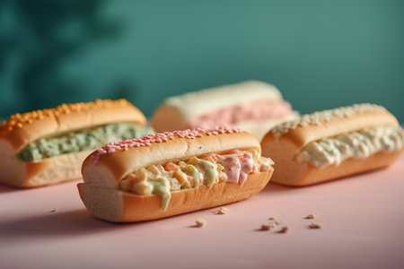 Three delicious hot dogs on a pink background. Close-up.の素材
