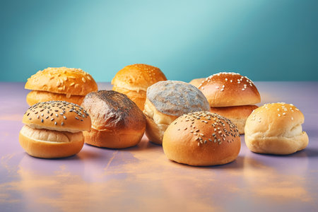 Variety of buns with sesame seeds on blue background.の素材