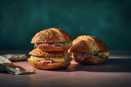 Sandwiches with ham and cheese on a dark background. Toned.の素材