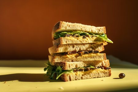 Sandwich with bacon, cheese and arugula on yellow backgroundの素材