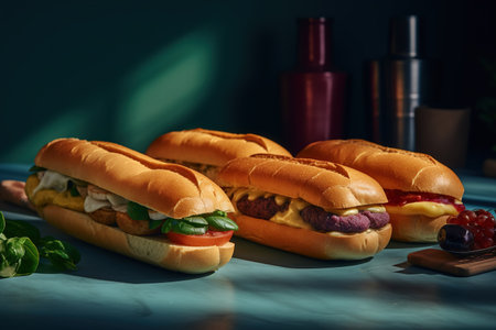 Sandwiches with meat, cheese and vegetables on a blue backgroundの素材