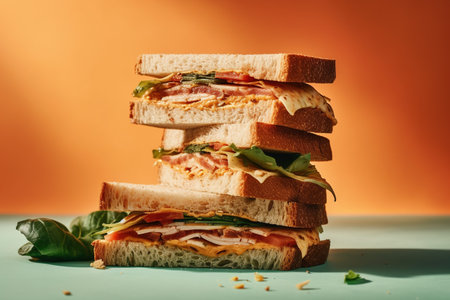 Tasty sandwiches with ham, cheese and vegetables on orange background.の素材
