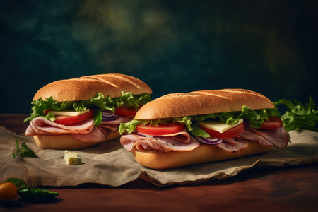 Sandwiches with ham, cheese and vegetables on a wooden backgroundの素材