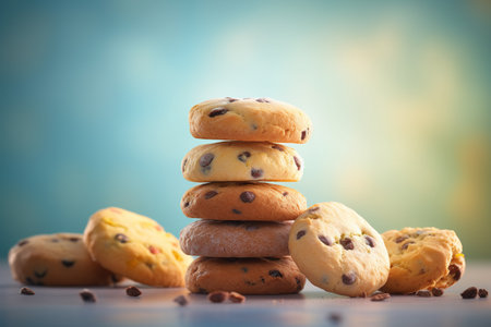 Chocolate chip cookies on a blue background. Selective focus.の素材