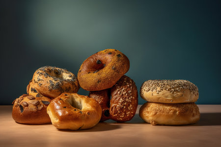 Bagels with sesame seeds on wooden table and dark backgroundの素材