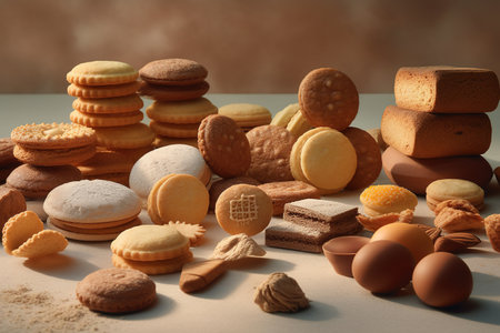 Composition with different kinds of cookies on white table and brown backgroundの素材