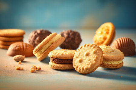 Assorted cookies on a blue wooden background. Toned image.の素材