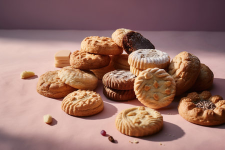 Assortment of different cookies on pink background. Top view. Copy space.の素材