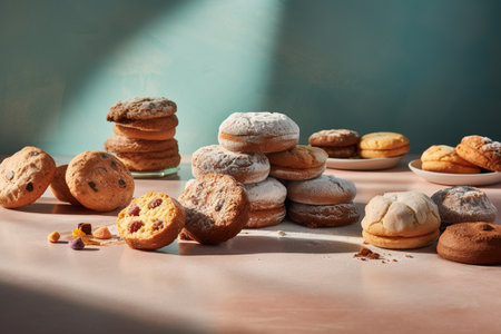 Group of cookies with raisins and chocolate chips on a tableの素材