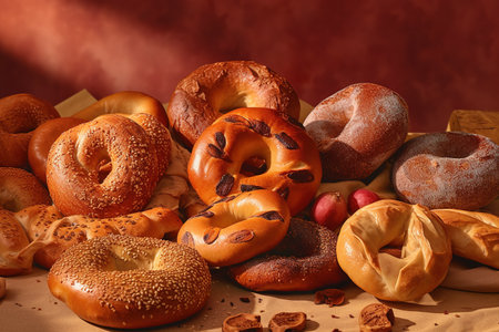 Composition with different types of bagels on table against color backgroundの素材
