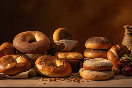 various types of bagels on a wooden table, still lifeの素材