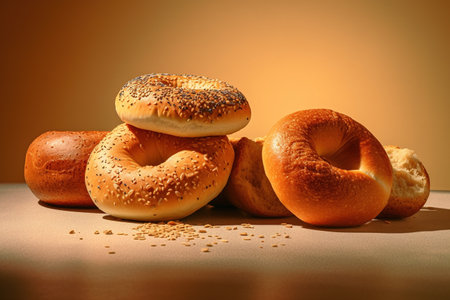 Bagels with sesame seeds on a brown background. Toned.の素材
