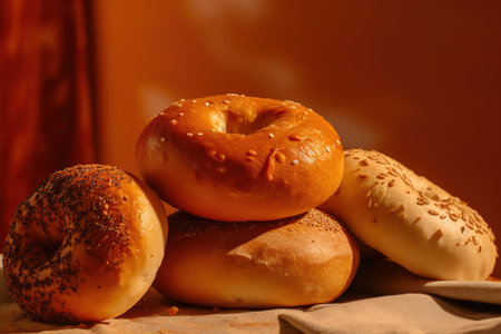 Freshly baked buns with sesame seeds on a brown backgroundの素材
