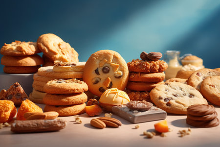 Cookies with chocolate and nuts on table against blue background, closeupの素材