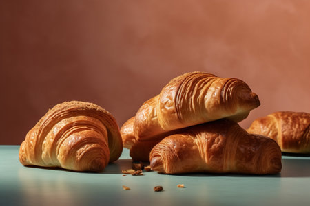 Freshly baked croissants on a blue table and brown backgroundの素材