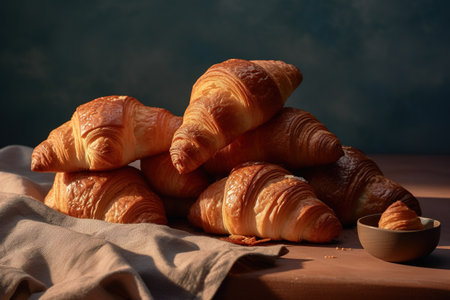 freshly baked croissants on wooden table, close-upの素材