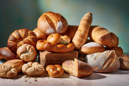 Different types of bread on the table. Bakery products background.の素材