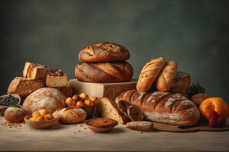 Composition of bread and bakery products on wooden table against dark backgroundの素材