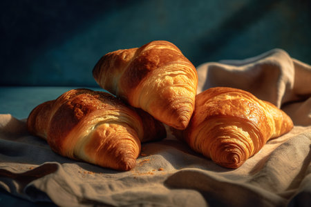 Freshly baked croissants on the table. Toned.の素材