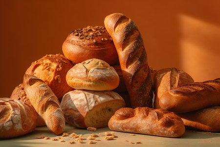 Composition with different types of bread on color background, closeupの素材